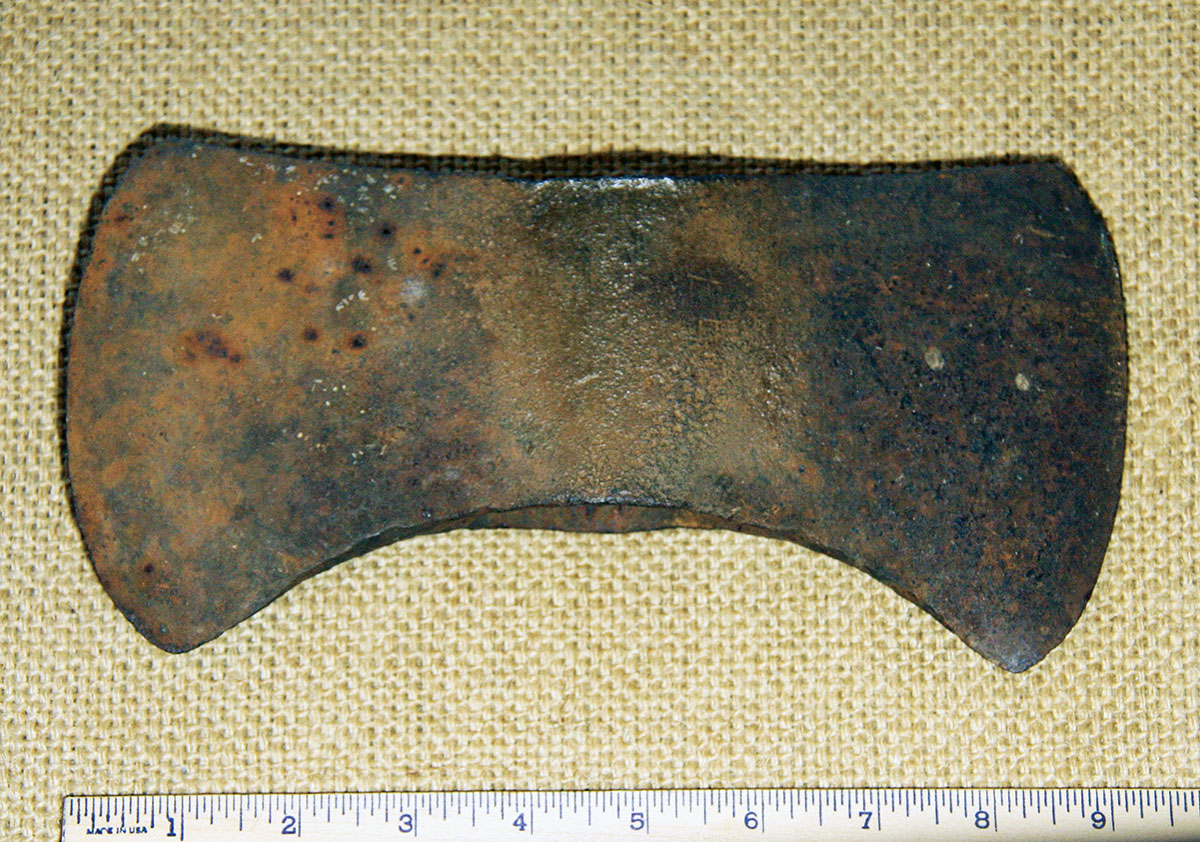 This ax was found at the fort, and it has a soldier’s initials (“ES”) cut into the side of the blade.
